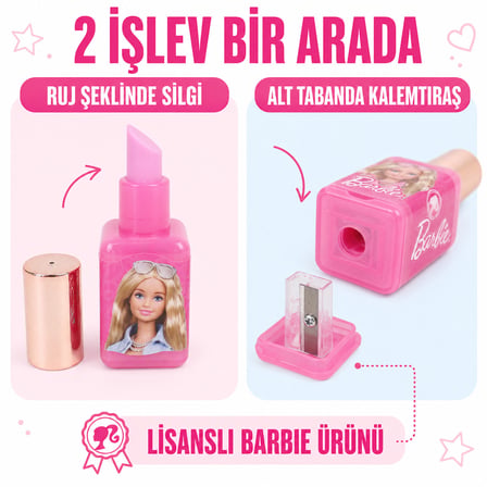 BakGelAl Barbie Ruj Şeklinde Silgi ve Kalemtıraş – 2’si 1 Arada Eğlenceli Kırtasiye Ürünü