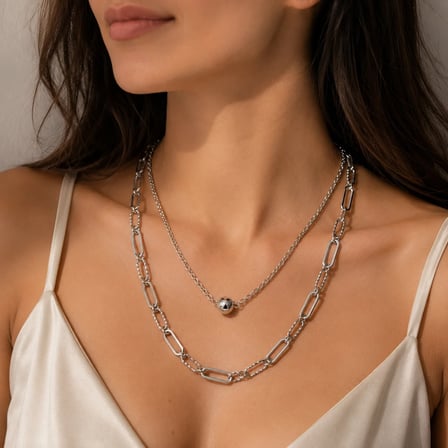 💎 Premium Gümüş Renk Parlak ve Şık Çift Katlı Modern Top Zincir 316L Çelik Kadın Kolye (45cm)