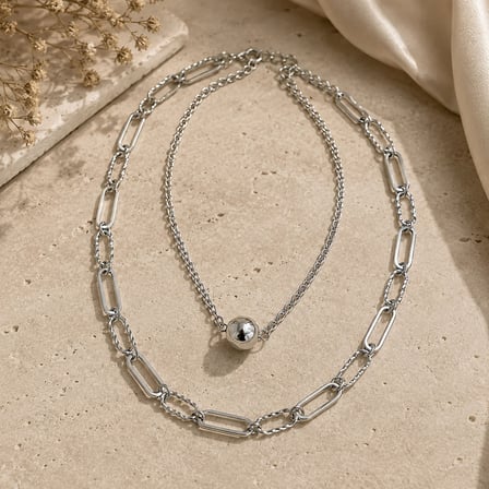 💎 Premium Gümüş Renk Parlak ve Şık Çift Katlı Modern Top Zincir 316L Çelik Kadın Kolye (45cm)