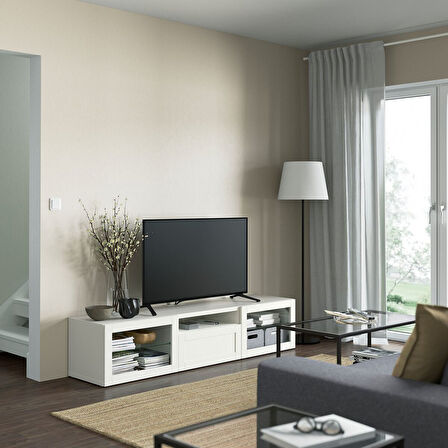 Tv sehpası, beyaz-şeffaf cam, 180x42x39 cm, HANVIKEN/SINDVIK, fren raylı