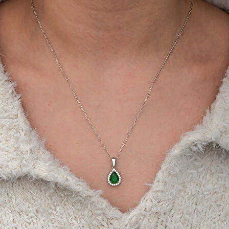 Gümüş Damla Zümrüt Taşlı Kadın Kolye