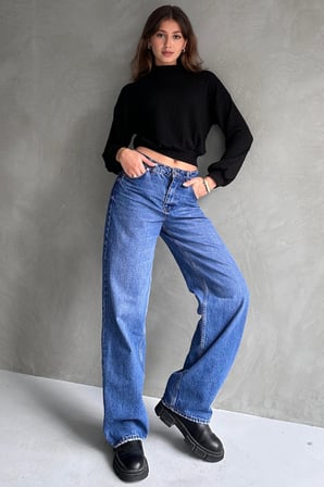 Balıkçı Yaka Dokulu Crop Bluz - SİYAH - M