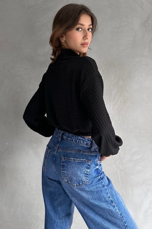 Balıkçı Yaka Dokulu Crop Bluz - SİYAH - M