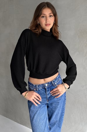 Balıkçı Yaka Dokulu Crop Bluz - SİYAH - M