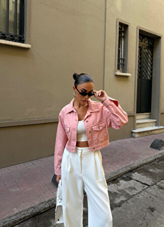 Çift Cep Denim Crop Ceket