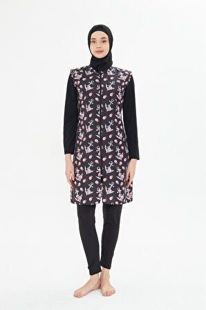 5 Parça Tam Kapalı Tesettür Mayo – Desenli Fermuarlı Jileli Üst Takım SİYAH-L