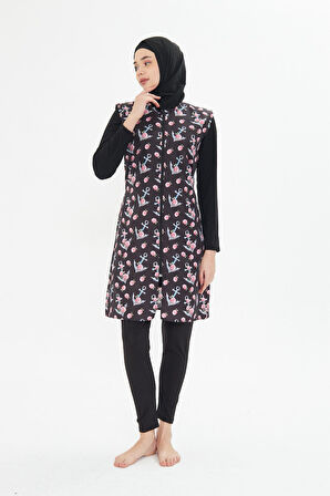 5 Parça Tam Kapalı Tesettür Mayo – Desenli Fermuarlı Jileli Üst Takım SİYAH-L