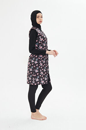 5 Parça Tam Kapalı Tesettür Mayo – Desenli Fermuarlı Jileli Üst Takım SİYAH-L