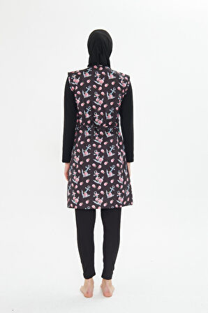 5 Parça Tam Kapalı Tesettür Mayo – Desenli Fermuarlı Jileli Üst Takım SİYAH-L