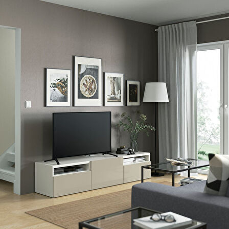 Tv sehpası, beyaz-parlak cila-bej, 180x42x39 cm, SELSVIKEN, çıt çıt raylı