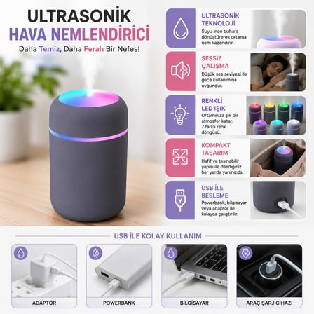 Ultrasonik Hava Nemlendirici Renkli LED Işıklı USB Mini Masaüstü Buhar Makinesi