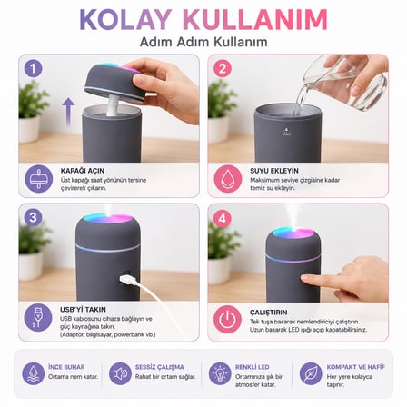 Ultrasonik Hava Nemlendirici Renkli LED Işıklı USB Mini Masaüstü Buhar Makinesi