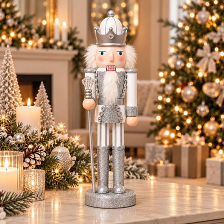BakGelAl 40 cm Gümüş Taçlı Fındıkkıran Kral Figürü, Silver Yılbaşı Dekoratif Biblo, Yeni Yıl Ev ve Ofis Süsü
