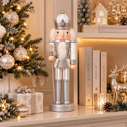 BakGelAl 40 cm Gümüş Taçlı Fındıkkıran Kral Figürü, Silver Yılbaşı Dekoratif Biblo, Yeni Yıl Ev ve Ofis Süsü