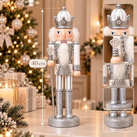 BakGelAl 40 cm Gümüş Taçlı Fındıkkıran Kral Figürü, Silver Yılbaşı Dekoratif Biblo, Yeni Yıl Ev ve Ofis Süsü