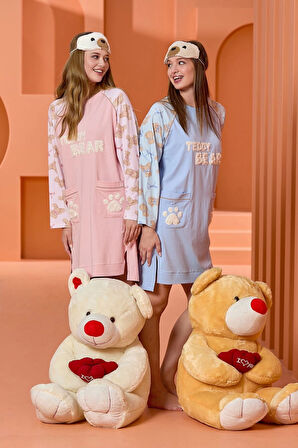 Aqua 25024 Uzun Kol Baskı Detaylı Gecelik - Pembe - 44