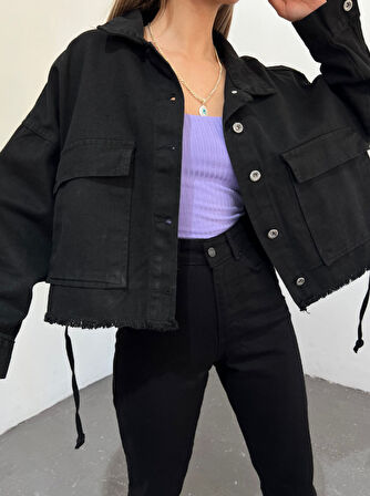 Geniş Cepli Oversize Püsküllü Denim Ceket