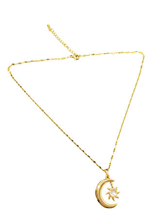 Altın Renk Parlak ve Şık Taşlı 316L Çelik VIP Model Ay Yıldız Kadın Kolye - Göz Alıcı Şık Tasarım