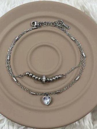 💎 Premium Parlak Gümüş Çift Zincirli Şık Kalp Detaylı 316L Çelik Kadın Halhal (25cm)