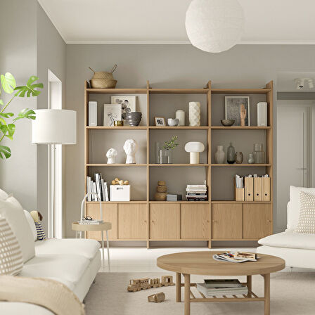 Sürgü kapaklı saklama kombinasyonu, meşe görünümlü, 238x35x212 cm, 9 raflı, ek rafsız