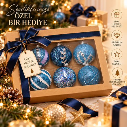 Premium 6 cm Yılbaşı Ağacı Top Süs Seti – 6’lı Lüks Pelüş & Desenli Ağaç Süsü 