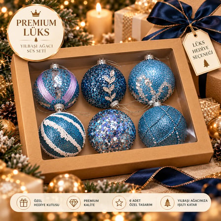 Premium 6 cm Yılbaşı Ağacı Top Süs Seti – 6’lı Lüks Pelüş & Desenli Ağaç Süsü 