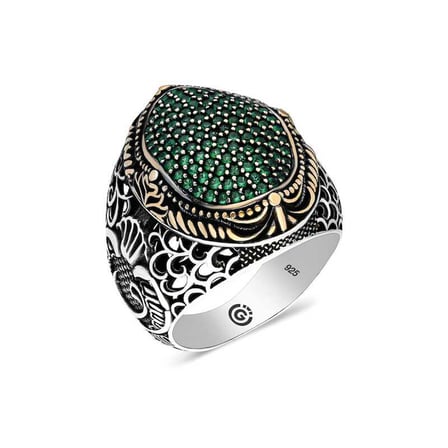 💎 Premium 925 Ayar İthal Gümüş Yeşil Zirkon Taşlı Oval Erkek Yüzük - 23 Ölçü
