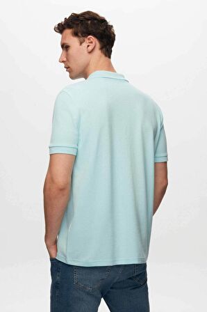 Regular Fit Açık Turkuaz Pike Dokulu %100 Pamuk Kıvrılmaz Polo Yaka Nakışlı T-shirt 6HC14ORT51000