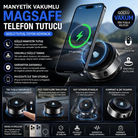 Premium manyetik mıknatıslı araç içi telefon tutucu tüm yüzeyler için vakumlu tutucu
