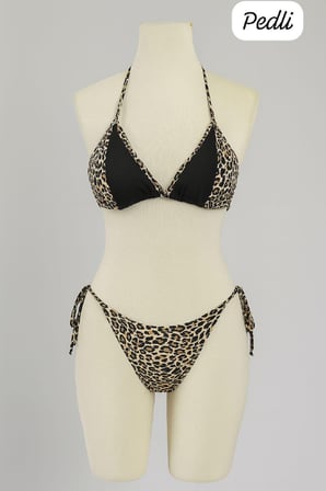 Kadın Siyah ve Leopar Detaylı Yandan Bağlamalı Bikini Takımı