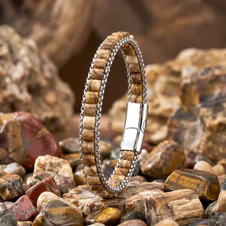 💎 Premium Odun Jasper Doğal Taşlı Hasır Örgü Zincirli Erkek Çelik Bileklik 31832B28D13 - 21 cm