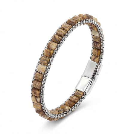 💎 Premium Odun Jasper Doğal Taşlı Hasır Örgü Zincirli Erkek Çelik Bileklik 31832B28D13 - 21 cm