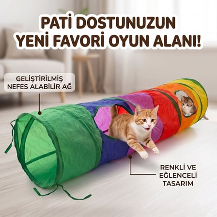 Kedi Oyun Tüneli 120 cm Çok Pencereli Katlanabilir Gökkuşağı Kedi Tüneli Oyuncaklı Ponponlu