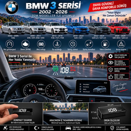 Bmw 3 serisi 2002-2026 modeller için head up display hayalet gösterge ekranı ön cam hız göstergesi