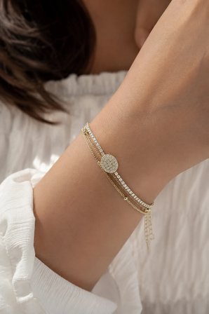 💎 Premium Parlak Gold Renk Su Yolu ve Yuvarlak Zirkon Taş Detaylı Katmanlı Kadın Bijuteri Bileklik (23cm)