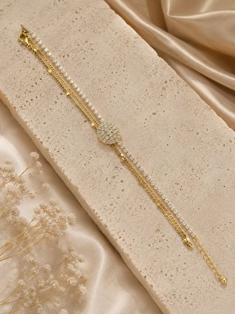💎 Premium Parlak Gold Renk Su Yolu ve Yuvarlak Zirkon Taş Detaylı Katmanlı Kadın Bijuteri Bileklik (23cm)
