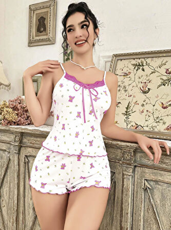 Kadın Beyaz Gül Ve Vişne Desenli Şortlu Gecelik Takım 5113 - Beyaz - L-XL