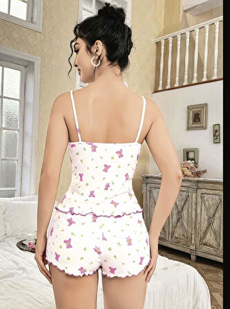 Kadın Beyaz Gül Ve Vişne Desenli Şortlu Gecelik Takım 5113 - Beyaz - L-XL
