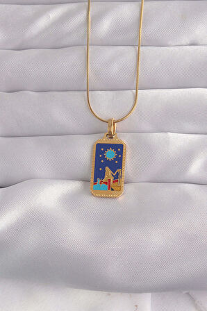 316L Çelik Gold Renk Mavi Mineli Kız Figür Tarot Kolye - Lisinya