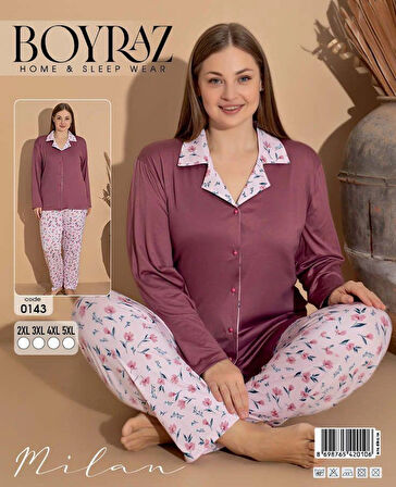 Boyraz 0143 Kadın Milan Battal Uzun Kol Pijama Takımı - Gül Kurusu - 3XL
