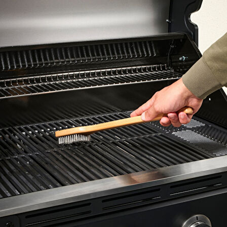 Barbekü-ızgara temizleme fırçası, paslanmaz çelik-kayın, 42 cm