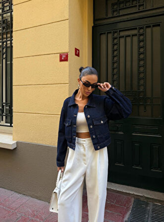 Çift Cep Denim Crop Ceket