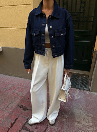Çift Cep Denim Crop Ceket