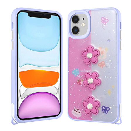Apple iPhone 11 ile Uyumlu Kılıf Parlayan Sıvılı Simli Kabartma Figürlü Kapak