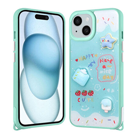 Apple iPhone 14 ile Uyumlu Kılıf Parlayan Sıvılı Simli Kabartma Figürlü Kapak