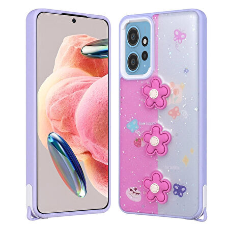 Xiaomi Redmi 12 4G ile Uyumlu Kılıf Parlayan Sıvılı Simli Kabartma Figürlü Kapak