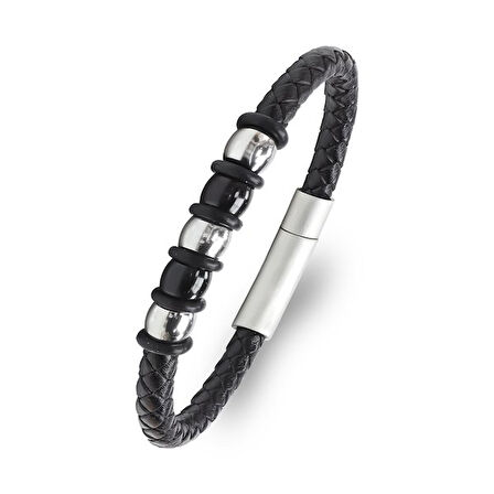   Orijinal Deri ve 316L Çelik Siyah Erkek Bileklik 31834B21D1  -  21 cm 