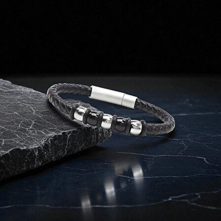   Orijinal Deri ve 316L Çelik Siyah Erkek Bileklik 31834B21D1  -  21 cm 