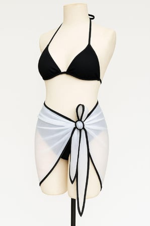 kadın siyah beyaz pareolu yandan ve boyundan bağlamalı 3'lü bikini takımı