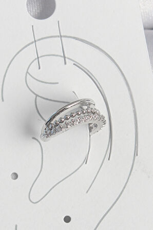 Pirinç Gümüş Renk Zirkon Taşlı 3'Lü Sıralı Kadın Kıkırdak Küpe